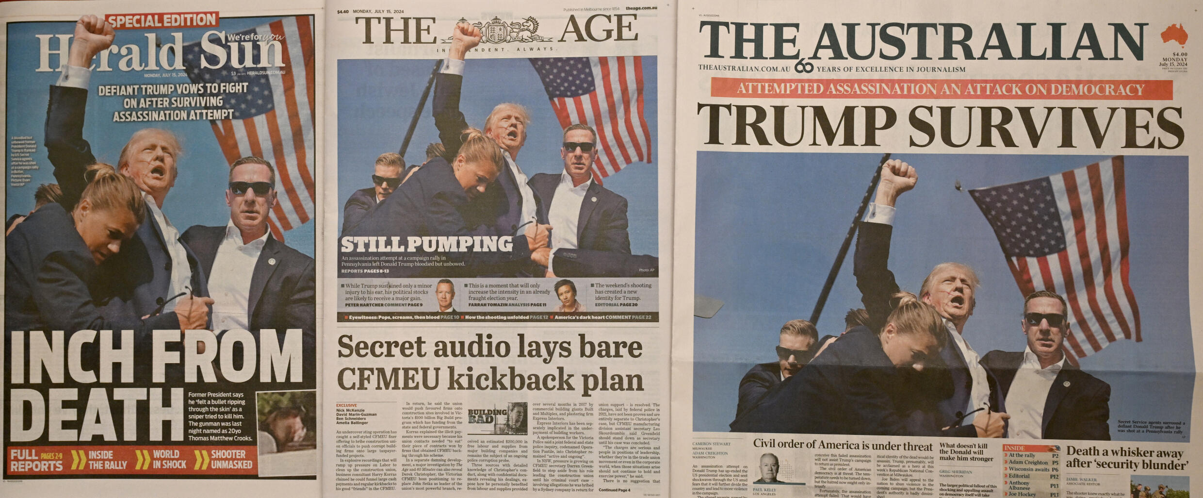 Les journaux australiens, à Melbourne le 15 juillet 2024, deux jours après la tentative d'assassinat contre l'ancien président Donald Trump