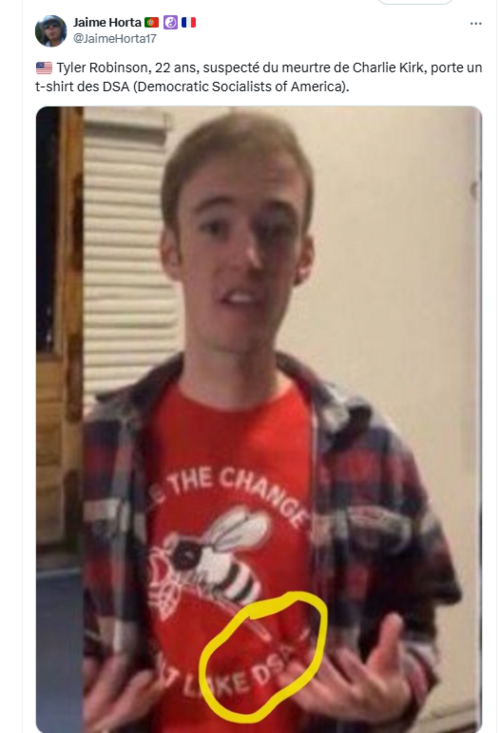 Contrary to claims by some online users, the man in this photo is not Robinson. And Robinson is not a member of the Democratic Socialists of America.
