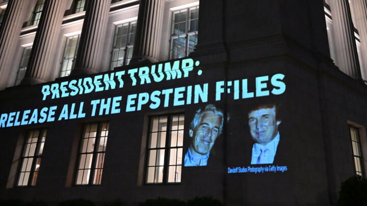A message calling on US President Donald Trump to release all documents related to the Jeffrey Epstein case, in Washington on July 18, 2025.