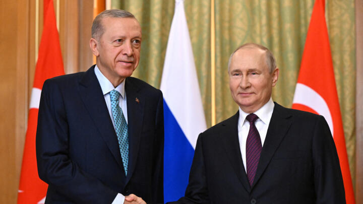 Russian President Vladimir Putin shakes hands with Turkish President Recep Tayyip Erdogan during a meeting in Sochi, Russia, September 4, 2023.
