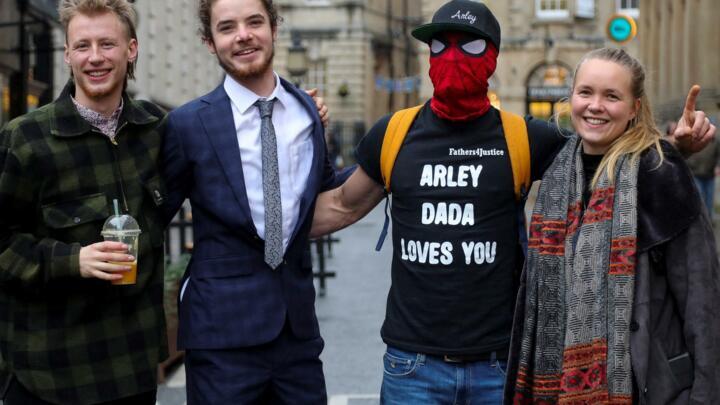 From left to right, Milo Ponsford, Sage Willoughby, Jake Skuse and Rhian Graham, collectively known as the 'Colston four', outside Bristol Crown Court on December 14, 2021.