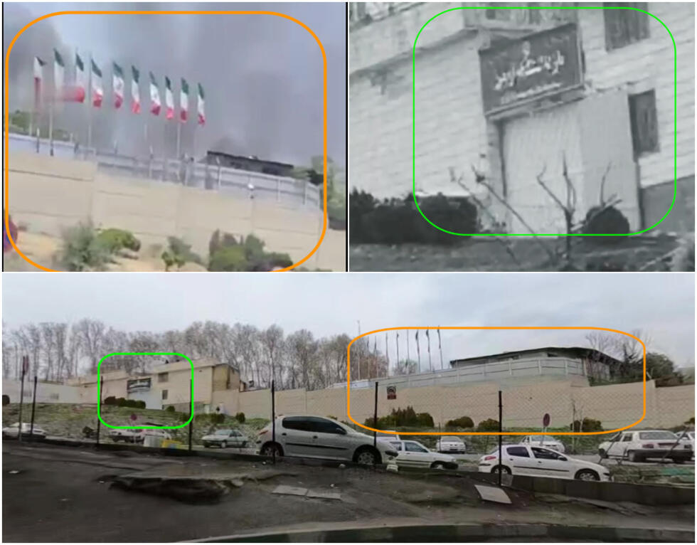 Deux vidéos de l'attaque (ci-dessus) montrent l'explosion à la porte principale de la prison d'Evin (en vert), et la fumée s'élevant du palais de justice de Moghaddasi (en orange)