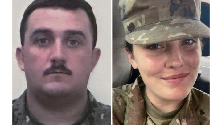 In this combination of photos on November 27, 2025, National Guard members appear, from left to right, Sergeant First Class Andrew Wolfe and Specialist Sarah Beckstrom.