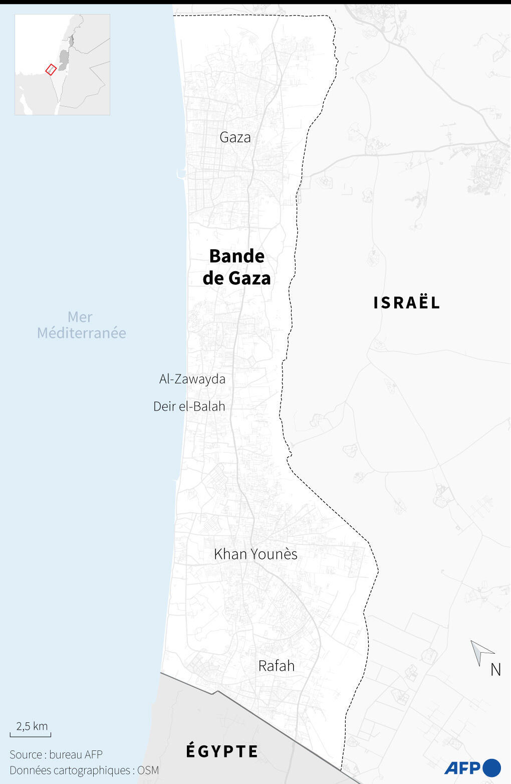 Carte de la bande de Gaza localisant les villes de Gaza, Rafah, Khan Younès, Deir el-Balah et Al-Zawayda