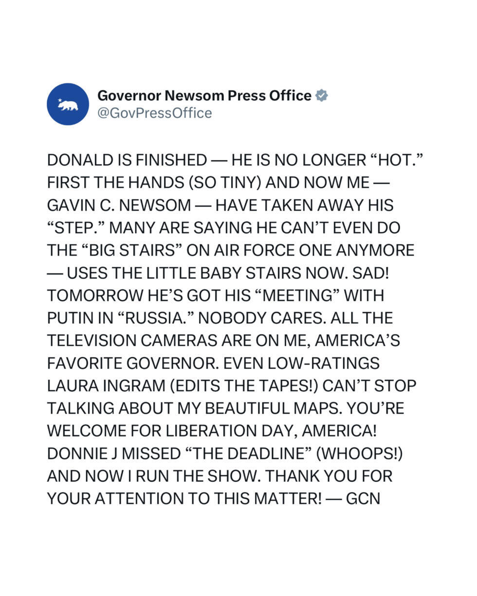 Un exemple de post imaginé par l'équipe de communication du gouverneur démocrate de Californie Gavin Newsom.