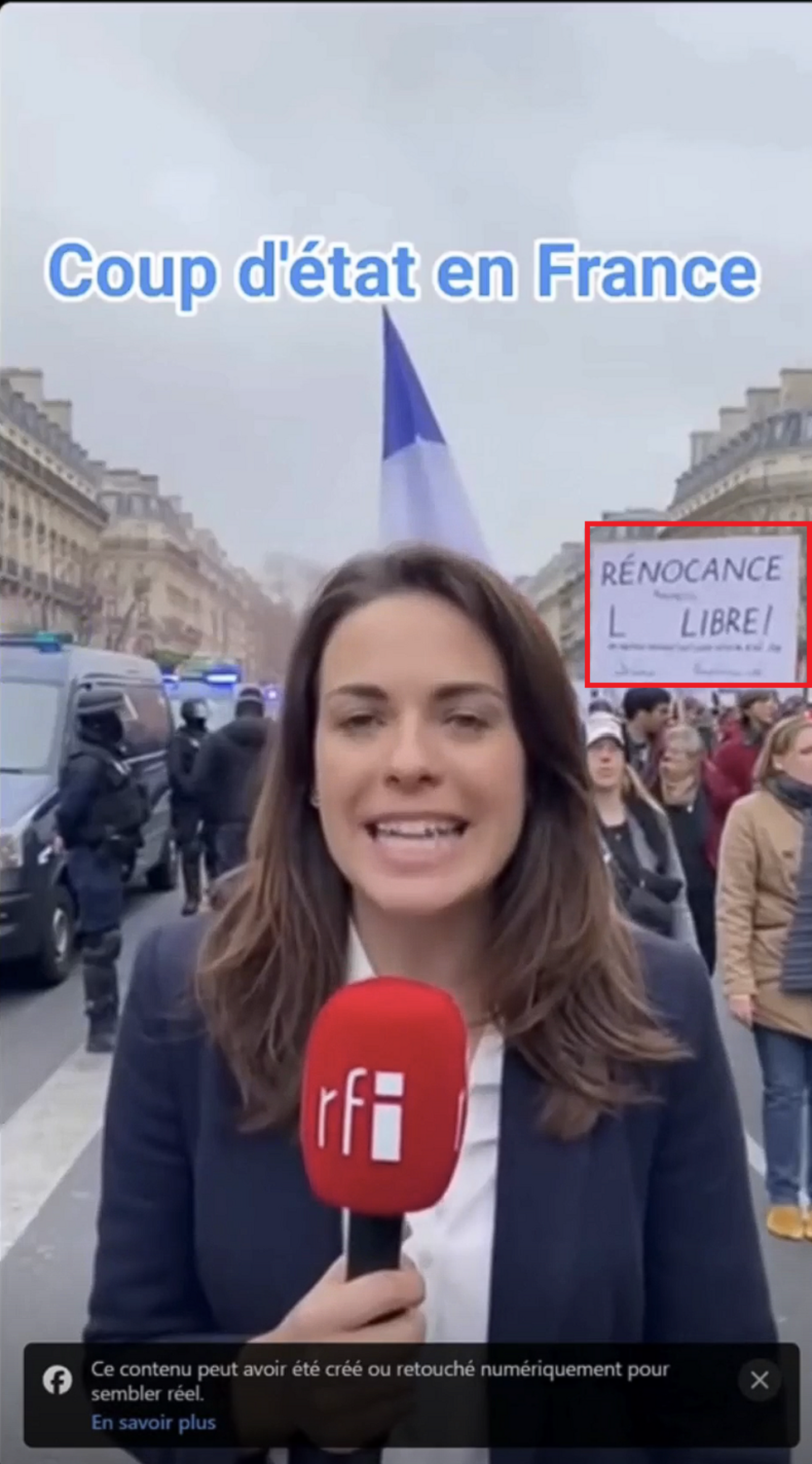 Cette vidéo annonçant un coup d'Etat est un faux usurpant l'identité de RFI a été créé par IA