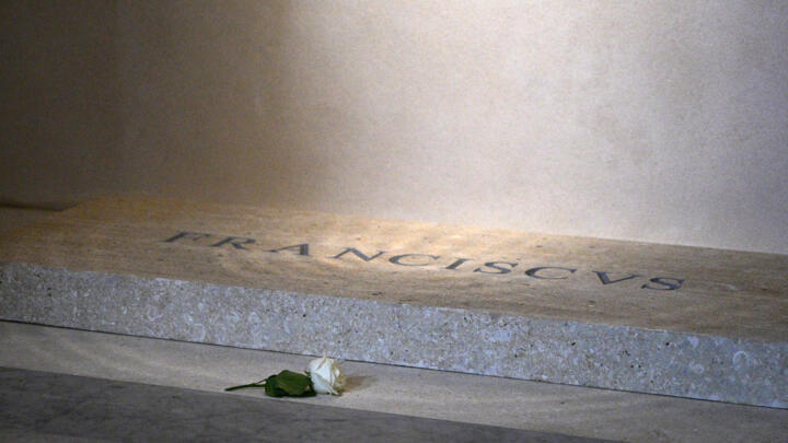 A white rose lies on the tomb of Pope Francis in Santa Maria Maggiore in Rome, a day after his funeral in The Vatican.