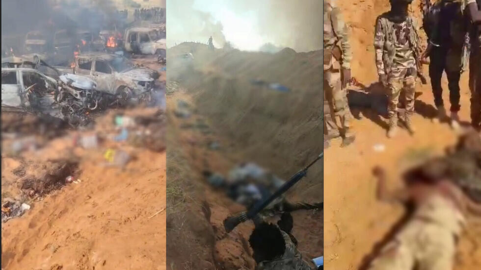 These are screengrabs taken from three videos posted on October 27, 2025 on a Telegram channel that supports the Rapid Support Forces (RSF). The videos show a mass grave near El-Fasher, Sudan.