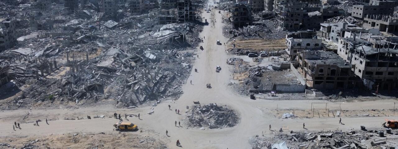 Large areas of Gaza lie in ruins after two years of Israeli bombardment, as seen in this drone photo taken on October 15, 2025.