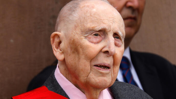 Daniel Cordier, Jean Moulin's secretary, former French resistance member, and veteran with Order of the Liberation Companion medal, attends a ceremony commemorating General Charles De Gaulle's June 1940 appeal for French resistance against Nazi Germany, at the Mont Valerien National Memorial in Suresnes on the outskirts of Paris on June 18, 2018.
