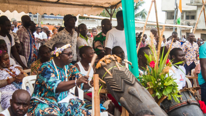 An Ebrié talking drum during a chief's enthronement ceremony, Côte d'Ivoire, June 18, 2022.