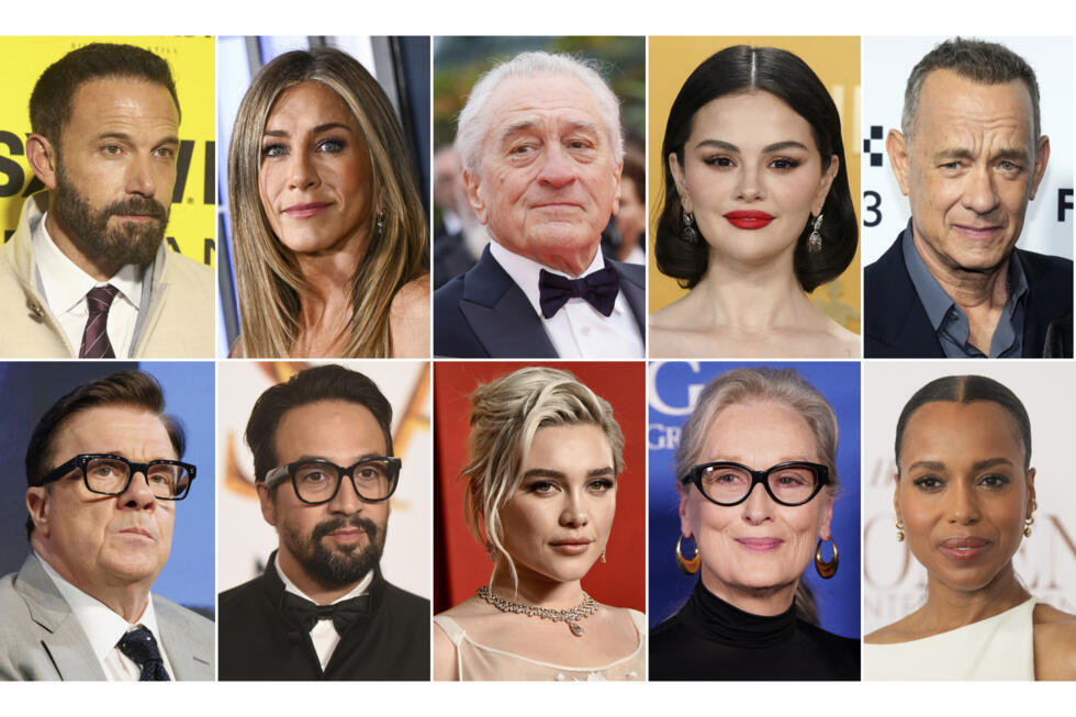Esta combinación de fotos muestra a famosos: en la fila superior, de izquierda a derecha, Ben Affleck, Jennifer Aniston, Robert De Niro, Selena Gomez y Tom Hanks; en la fila inferior, de izquierda a derecha, Nathan Lane, Lin-Manuel Miranda, Florence Pugh, Meryl Streep y Kerry Washington.