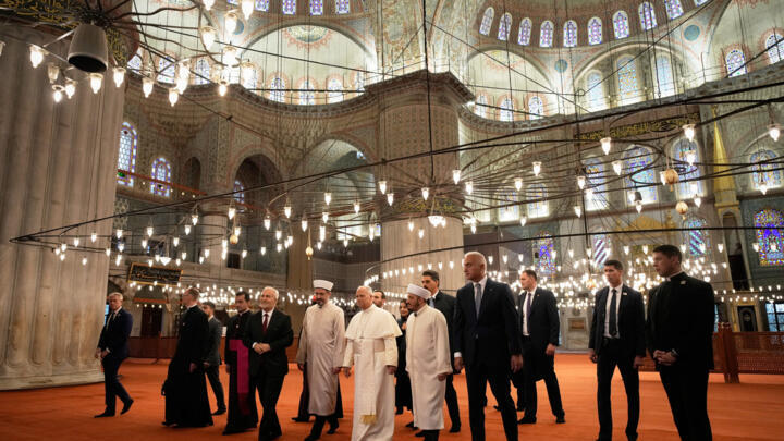 Pope Leo XIV visits the Ottoman-era Sultan Ahmed or Blue Mosque, in Istanbul, Turkey, Saturday, Nov. 29, 2025.