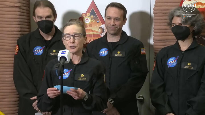 Volunteer crew commander Kelly Haston speaks alongside crewmates (L-R) Ross Brockwell, Nathan Jones and Anca Selariu, as they exit the first simulated Mars habitat mission in Houston, Texas.