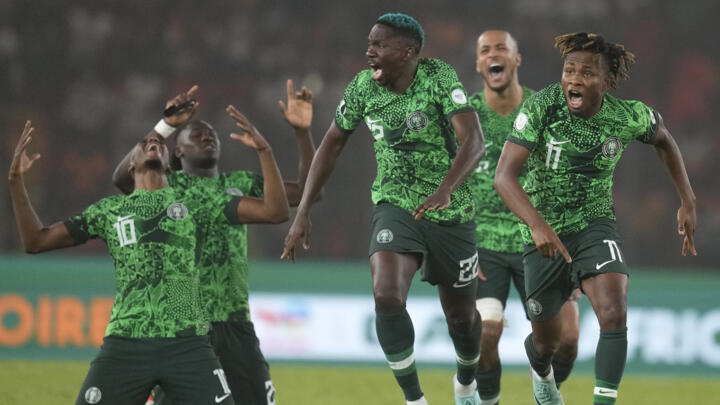 Nigeria's players celebrate winning the penalty shootout during the African Cup of Nations semifinal soccer match between Nigeria and South Africa at the Peace of Bouake stadium in Bouake Bouake, Ivory Coast, February 7, 2024.