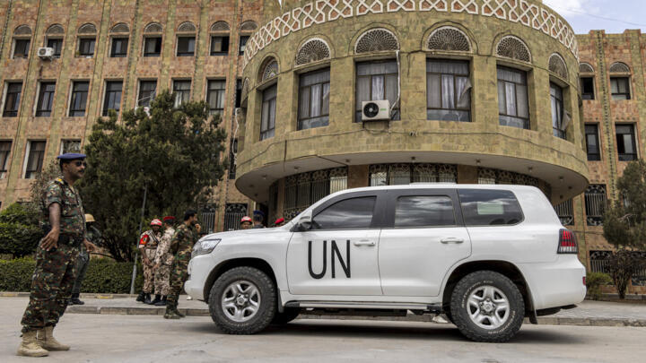 A United Nations vehicle is parked outside as the UN special envoy for Yemen meets with local officials in the country's third city of Taez on February 12, 2024.