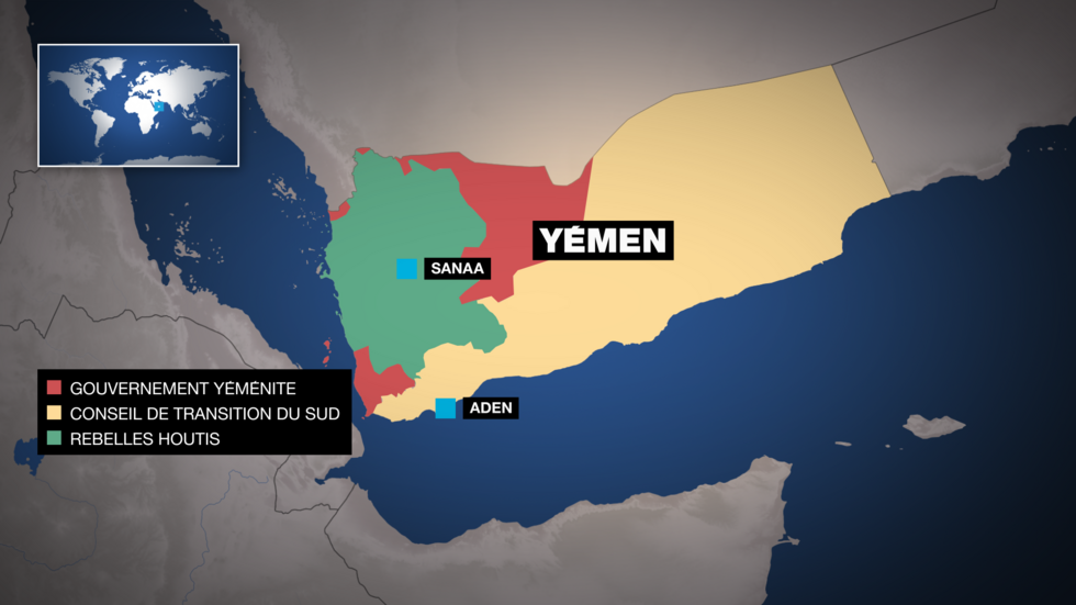 Une carte des zones de contrôle par les différentes factions au Yémen.