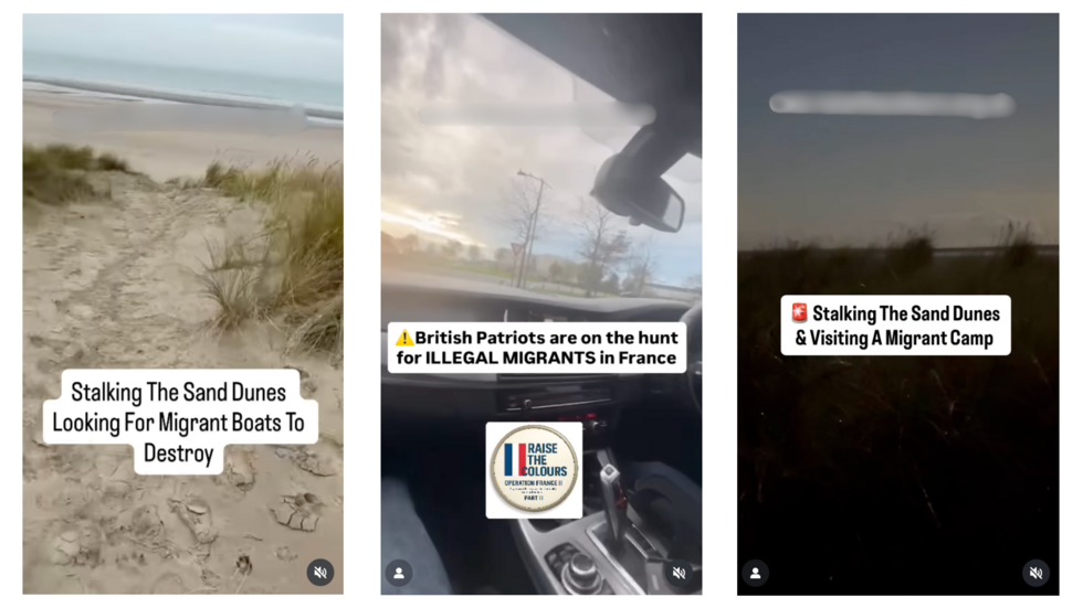 Publications Instagram montrant, de gauche à droite, le collectif “à la recherche de bateaux de migrants à détruire” (29 novembre), en voiture faisant “la chasse aux migrants illégaux” (13 novembre) et surveillant les dunes dans la pénombre (5 décembre).