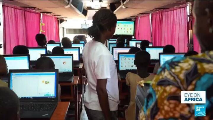 A mobile classroom promoting digital education travels across Benin
