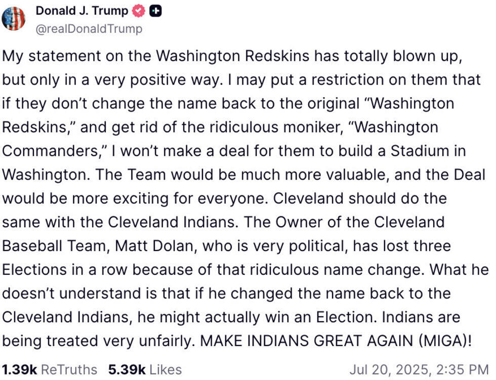 L'un des messages publié par Donald Trump concernant les Washington Commanders et les Cleveland Guardians.