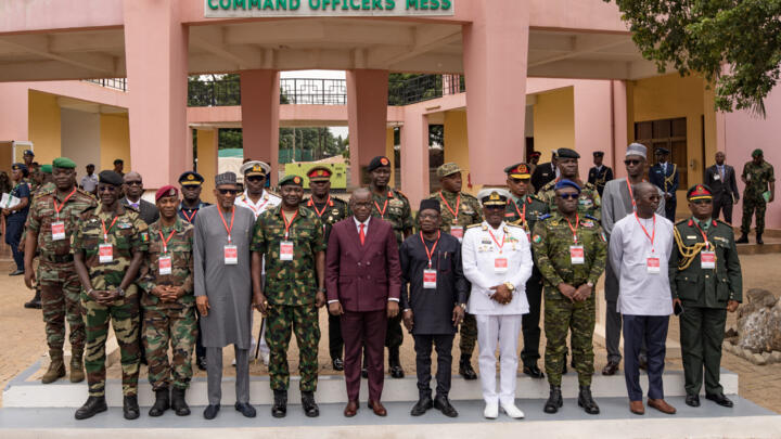 Ghana's Defence Minister Dominic Nitiwul (first row centre) poses with delegates from the Economic Community of West African States during a meeting in Accra, Ghana, on August 17, 2023.