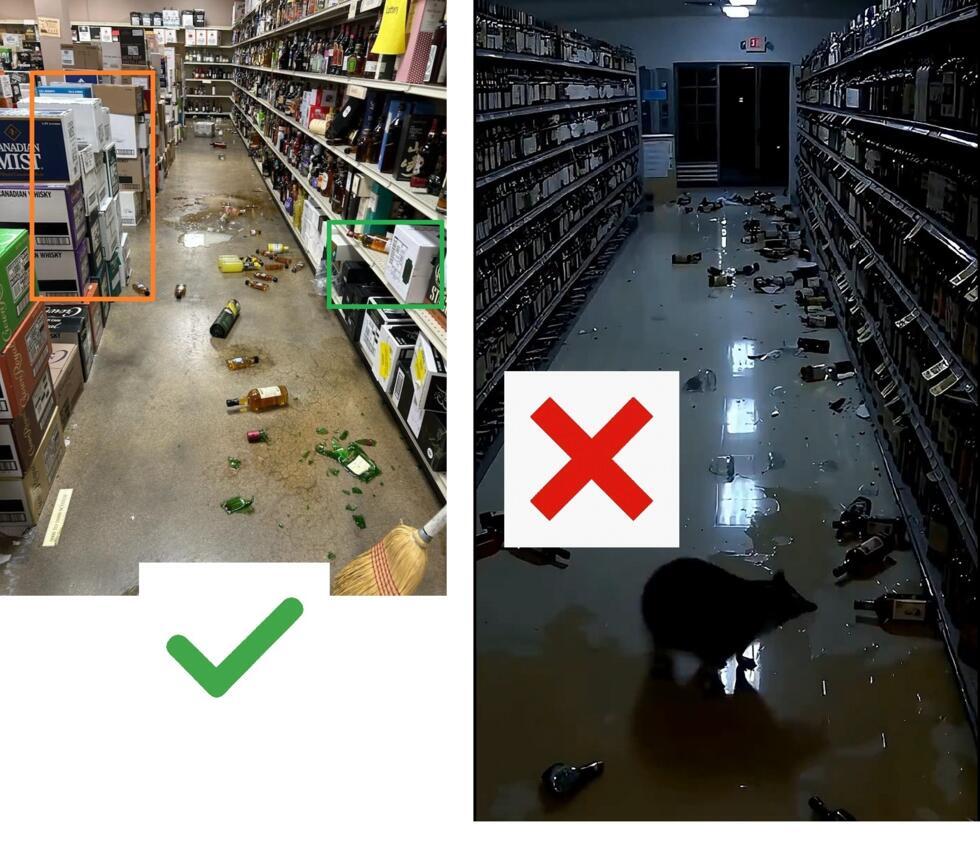 At left is a real photo of the shop. At right is a video created by AI.