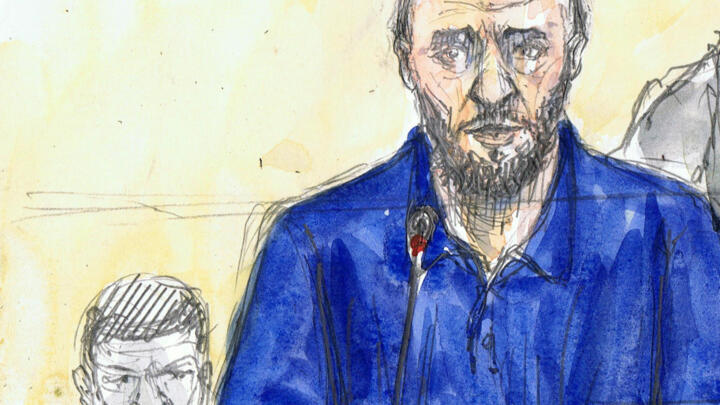This court sketch made on April 14, 2022 shows defendant Salah Abdeslam during the Paris trial over the November 13, 2015 attacks in the French capital.