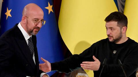 Ukrainian President Volodymyr Zelensky (R) gestures towards President of the European Council Charles Michel (L) after a joint press conference in Kyiv, Ukraine on November 23, 2023.