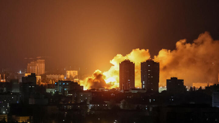 Fire and smoke are seen in the city after a Russian drone strike in Kyiv, Ukraine on June 6, 2025.