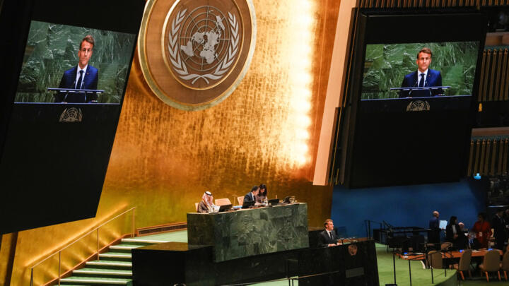 French President Emmanuel Macron addresses delegates during a high-level meeting of heads of state on a two-state solution between Israel and the Palestinians at United Nations headquarters in New York City, U.S., September 22, 2025. 