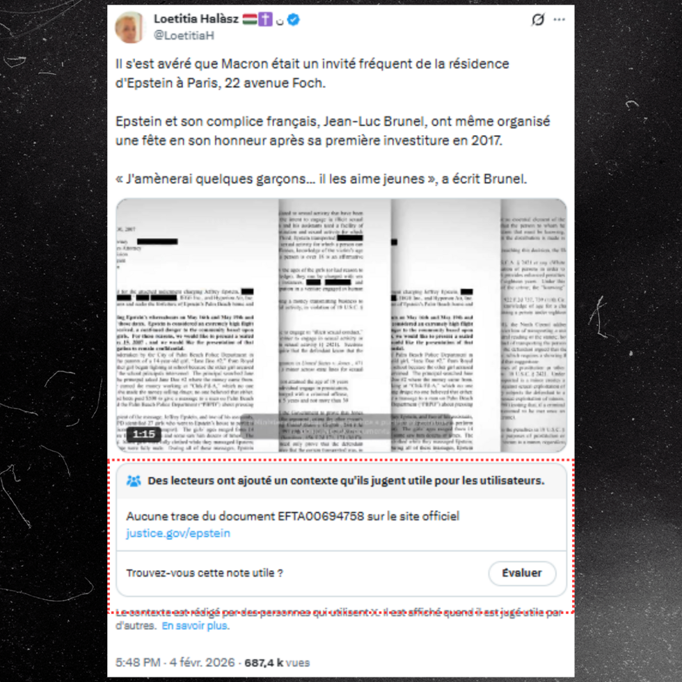 Le 4 février, le compte Loetitia Halasz partage une vidéo qui met en avant de faux mails échangés entre Jean-Luc Brunel et Jeffrey Epstein. Dans les heures qui ont suivi, une note de la communauté (en rouge) indique qu'il n'y a pas de trace de ces mails sur le site du département de la justice américain.