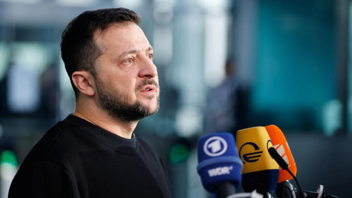 Ukrainian President Volodymyr Zelensky speaks to the media on the day of a NATO Defence Ministers' meeting at the Alliance's headquarters in Brussels, Belgium, October 11, 2023.