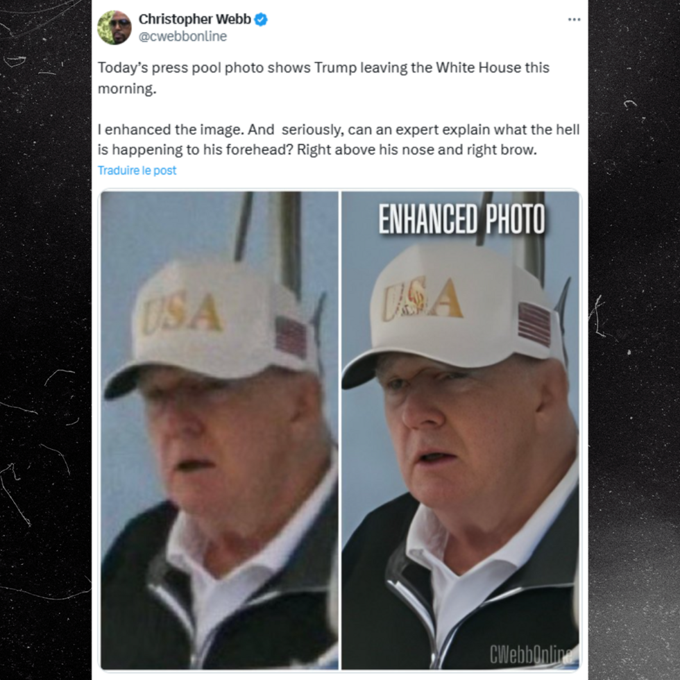 Post from September 1, 2025, by internet user Christopher Webb, who said he had “enhanced” the photo using AI to supposedly show a change to Trump's face.