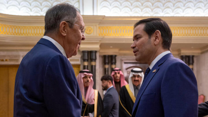 US Secretary of State Marco Rubio (R) shakes hands with Russian Foreign Minister Sergei Lavrov during their meeting at Diriyah Palace, in Riyadh, Saudi Arabia, on February 18, 2025.