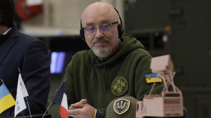 Ukrainian Minister of Defense Oleksii Reznikov, looks at a Ground Master 200 small model during a visit at Thales radar factory in Limours, south west of Paris, France, Wednesday, February 1, 2023.
