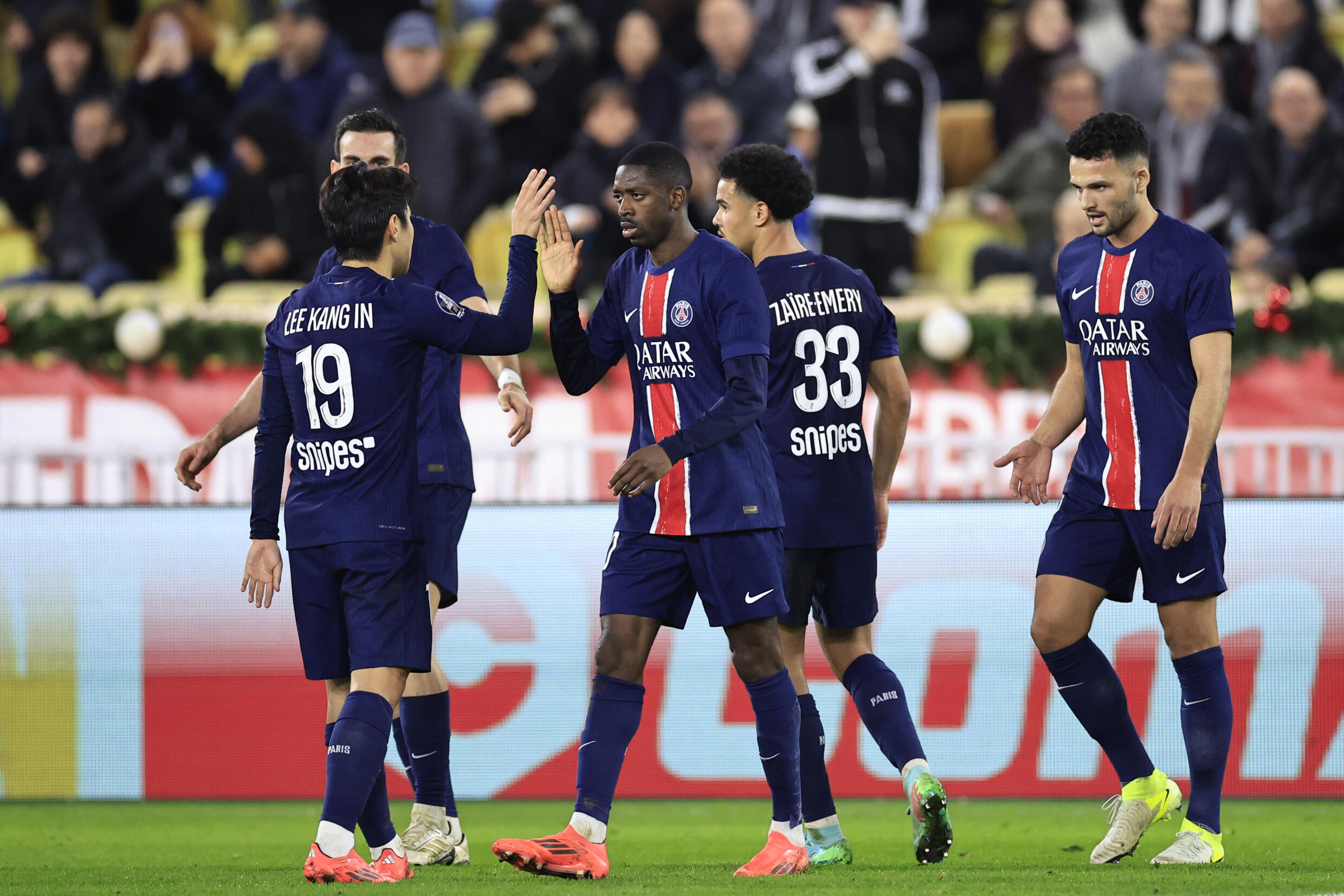 La joie des Parisiens après leur victoire à Monaco (4-2), le 18 décembre 2024 au stade Louis II.