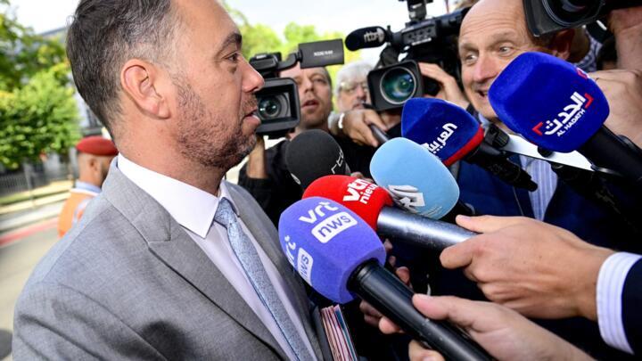 Vice-prime Minister and Minister of Foreign Affairs Maxime Prevot talks to the press as he arrives for a 'Kern' meeting with some members of the Federal Government, in Brussels on August 27, 2025.