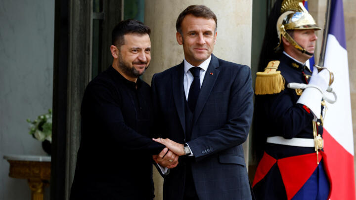 French President Emmanuel Macron shakes hands with Ukraine's President Volodymyr Zelenskiy at the Elysee Palace in Paris, France on October 10, 2024.