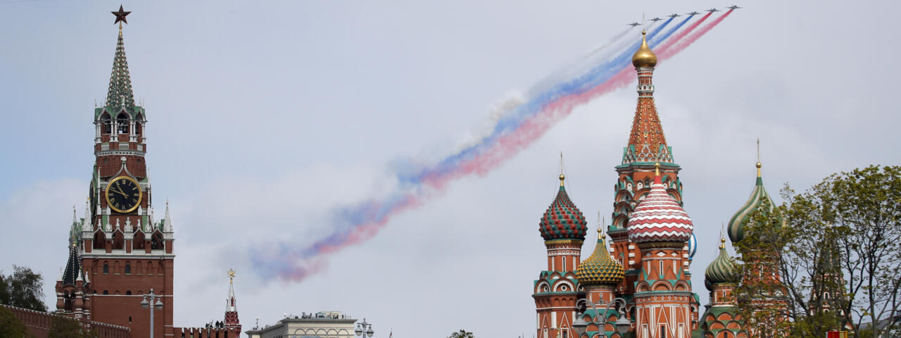 Russian Air Force jets fly over Red Square during the Victory Day parade in Moscow on May 9, 2024.