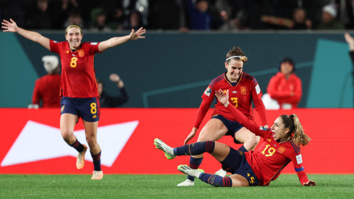 Spain's Olga Carmona celebrates after scoring her team's winner at Eden Park in Auckland on August 15, 2023.