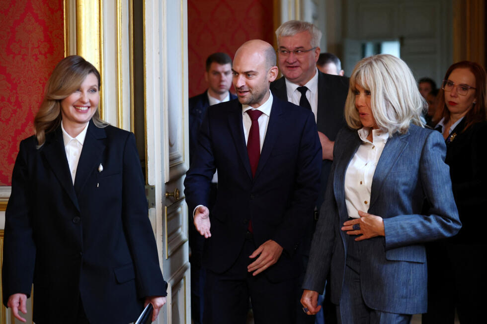French Minister for Europe and Foreign Affairs Jean-Noël Barrot, Olena Zelenska, wife of Ukrainian President Volodymyr Zelensky, Brigitte Macron, wife of French President Emmanuel Macron, and Ukrainia