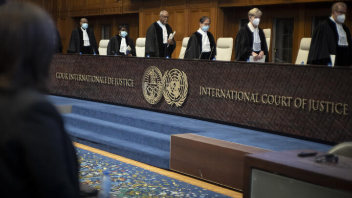 Judges enter the International Court of Justice, also known as the World Court, in The Hague, Netherlands on December 1, 2022.