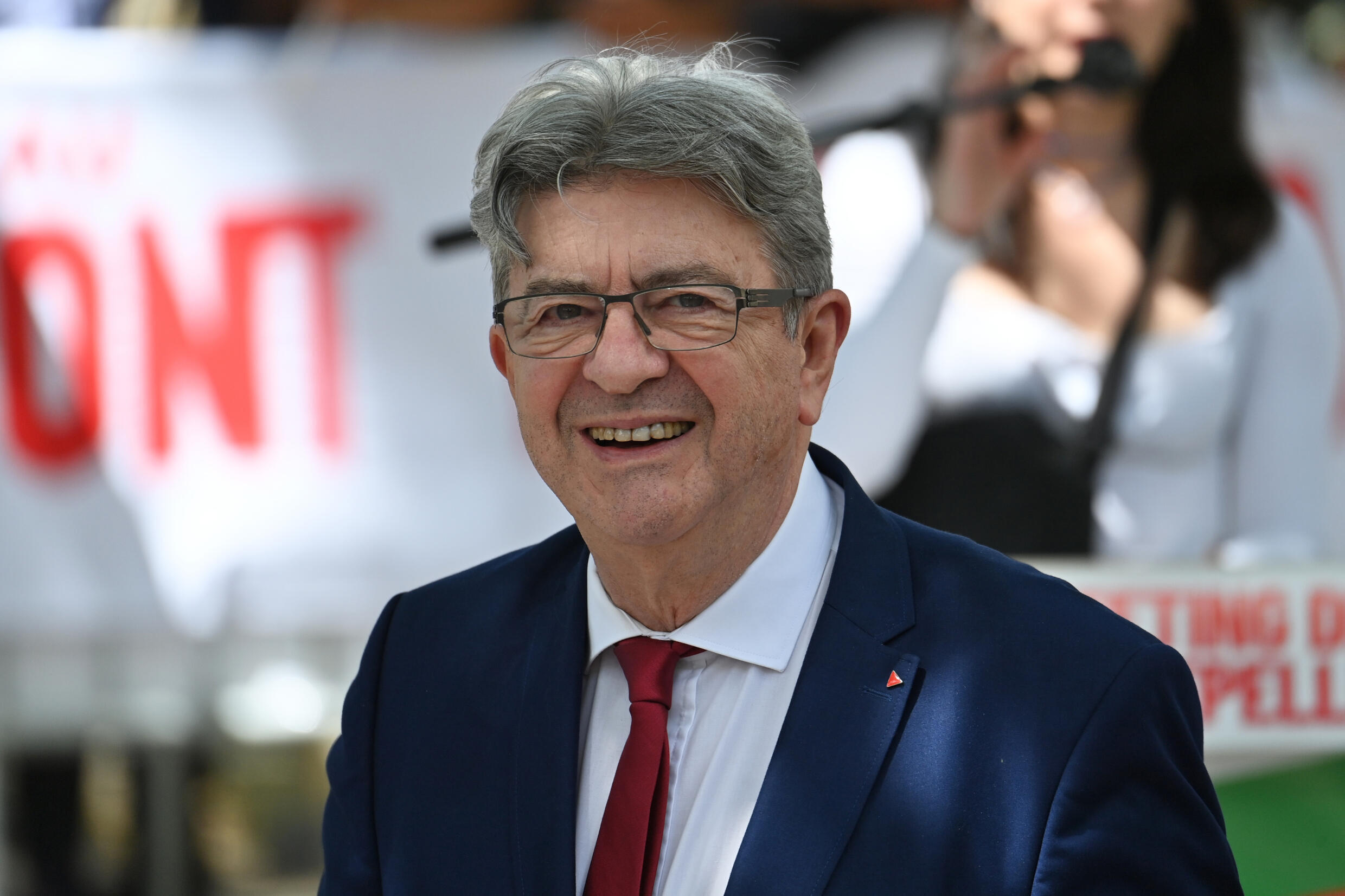 Le dirigeant de LFI Jean-Luc Melenchon lors d'un meeting électoral pour les législatives à Montpellier, le 23 juin 2024