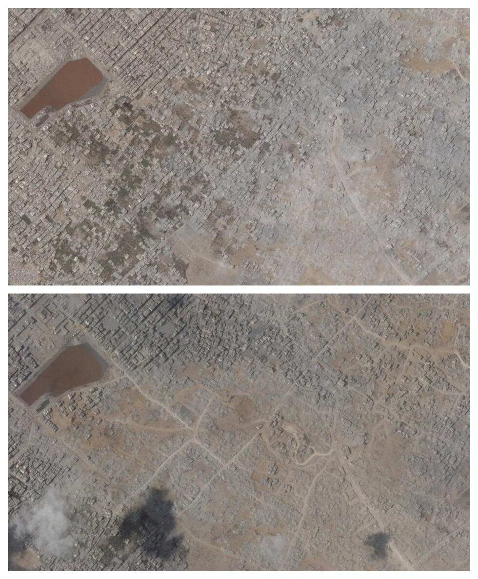Una combinación de imágenes satelitales muestra las zonas dañadas en Sheikh Radwan, ciudad de Gaza, el 20 de agosto de 2025 (arriba) y el 18 de septiembre de 2025 (abajo).