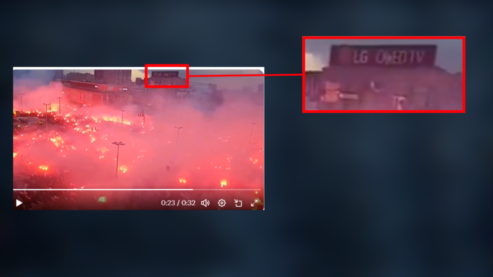Capture d’écran de la vidéo partagée par le compte SIRENES FR sur X le 6 février 2026. Encadré en rouge, le panneau "LG OLED TV" visible en haut d’un immeuble. On retrouve le même panneau sur la vidéo d’origine publiée par le compte Casual Ultra Official.