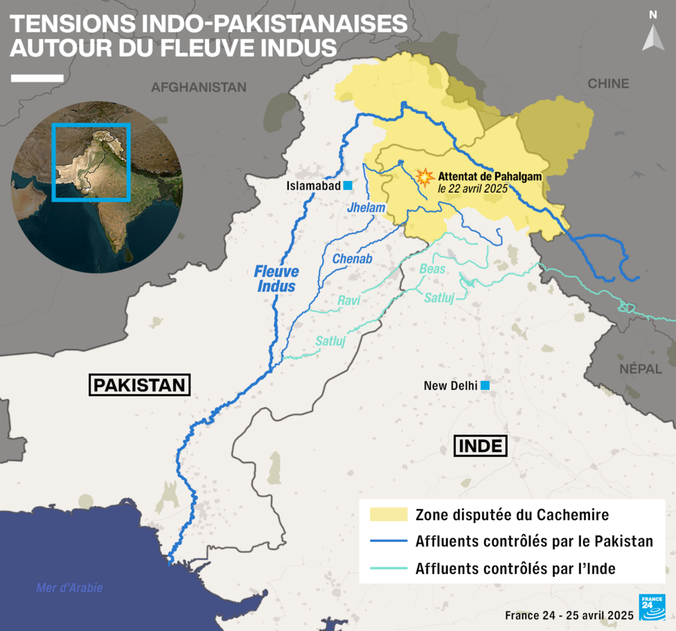 Carte du cours de l'Indus et de ses affluents entre le Pakistan et l'Inde.