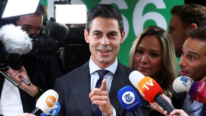 Democrats 66 (D66) party leader Rob Jetten speaks next to the media at the Dutch Parliament after parliamentary elections, in The Hague, Netherlands, October 30, 2025.
