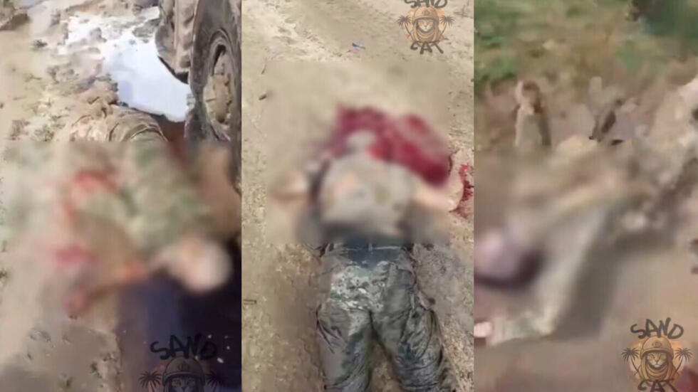 These videos, which were shared on August 1, 2025 by a pro-Wagner Telegram account, show the bodies of three Russian mercenaries filmed by jihadists from the group JNIM during an ambush in the Ténenkou region of northern Mali. The video was blurred by the administrator of the Telegram channel.