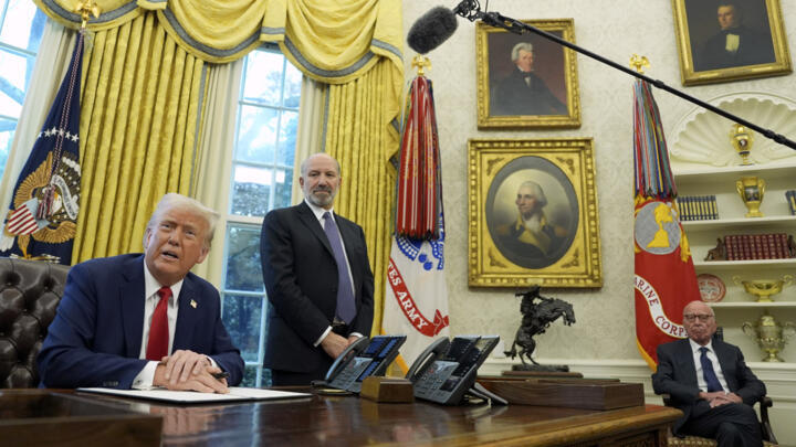 Media mogul Rupert Murdoch (right) pictured in the Oval Office with US President Donald Trump on February 3, 2025.