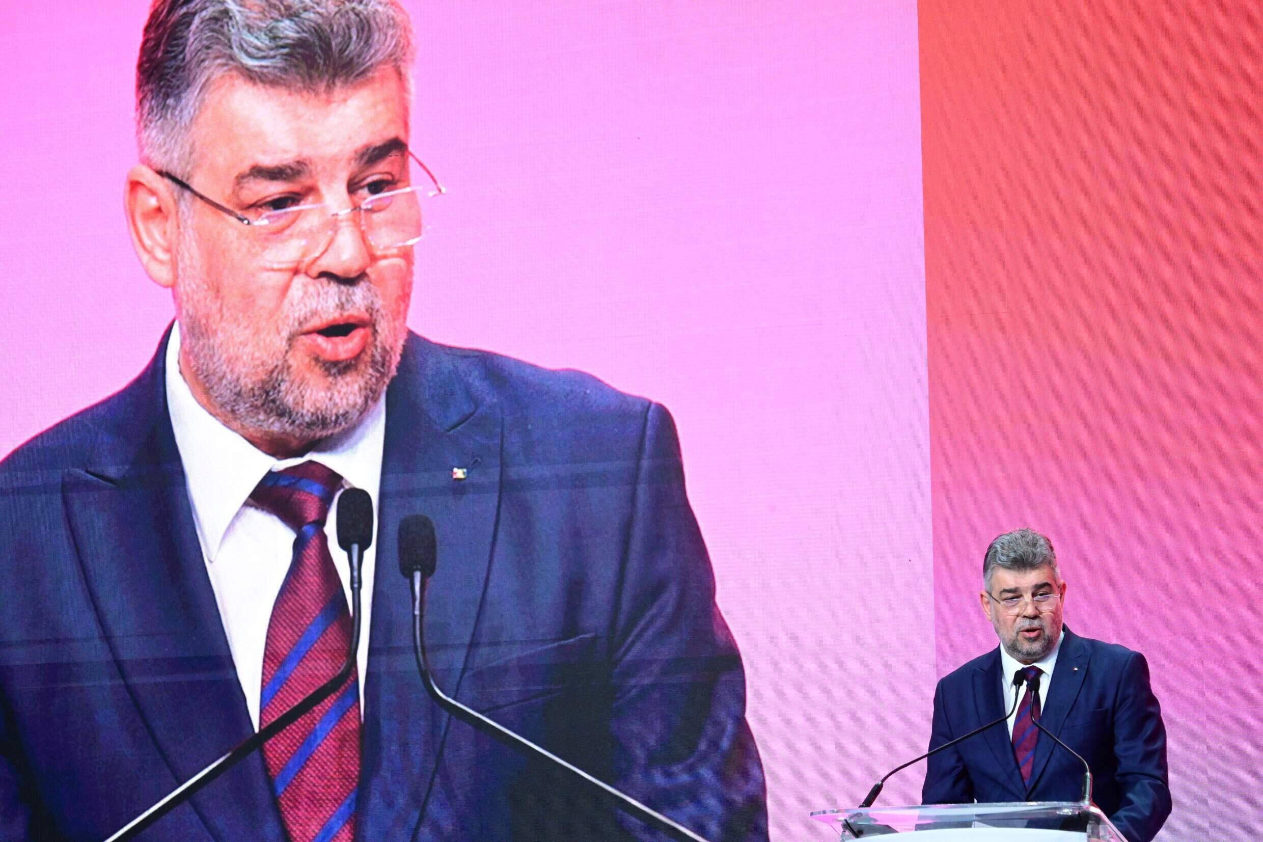Le Premier ministre roumain Marcel Ciolacu, lors d'un discours à Bucarest le 4 juin 2024.